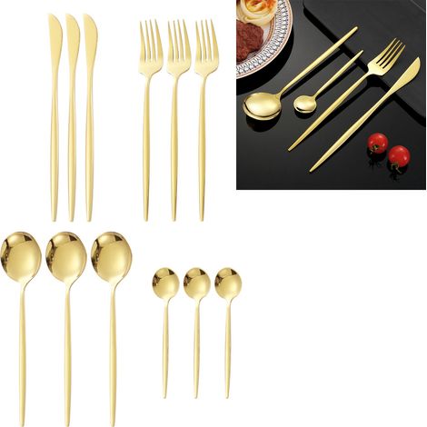 Ensemble de couverts 12 pièces (cuillères, couteaux, fourchettes) en acier inoxydable 410 brillant, finition dorée, idéal pour la maison et le restaurant. (1/5)