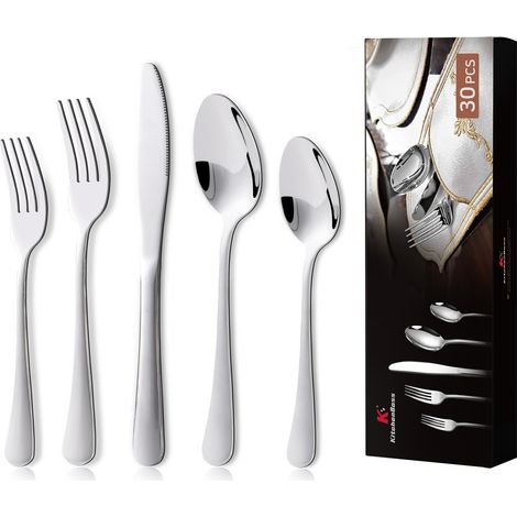 Set Couverts de Table: 6 Personnes Ensemble Vaisselle de Table, en Acier Inoxydable, 30 Pièces Argenté, Lavables au Lave-vaisselle (1/5)
