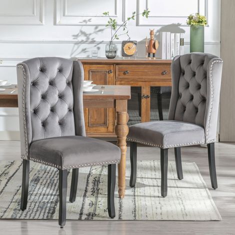 Lot de 6 chaises de salle à manger en velours gris, dossier capitonné, pieds en bois clair, style moderne pour salon ou chambre CHICFURN (1/5)