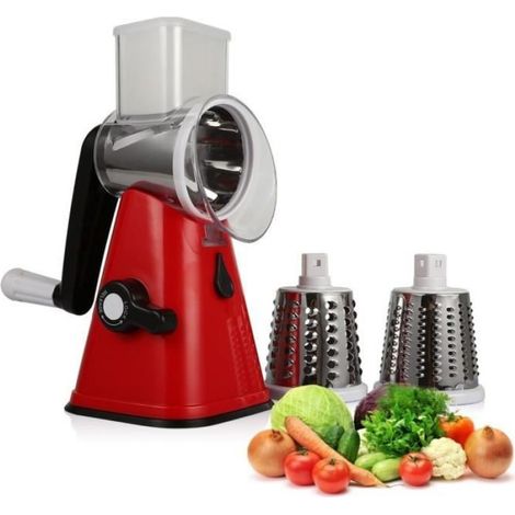 Rouge - Robot ménager cuisine avec ventouses, broyeur coupe légumes, tambour à fruits, râpe à main, trancheur (1/4)