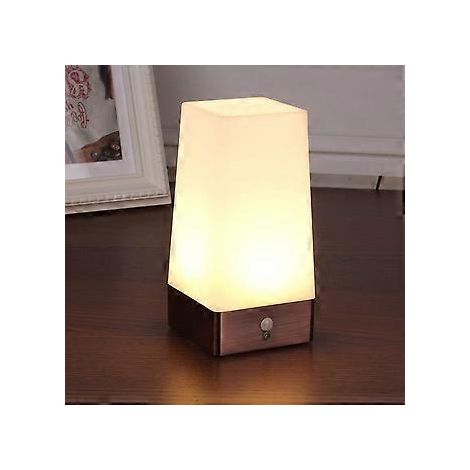 Lampe de table, veilleuse LED rétro, lampe de chevet avec détecteur de mouvement PIR sans fil, fonctionne avec 3 piles AAA 1,5 V, plastique, lumière blanche, forme carrée (1/5)