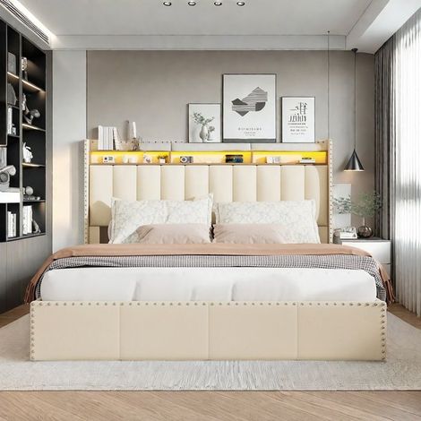 Doppelbett 140x190 cm - TANANT - Beige - Integriertes LED - Praktischer Stauraum - Dekorative Kopfteil