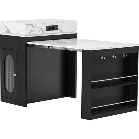 Isla de cocina extensible con tablero abatible, negro, con enchufe y ganchos (1/5)