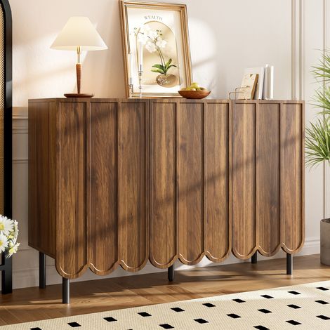 Buffet en MDF coloris noyer 120x35x80 cm avec portes ondulées, tablettes réglables et ouverture push (1/5)