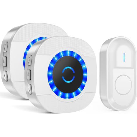 Timbre inalámbrico para exteriores, resistente al agua, alcance de 300 m, kit de timbre electrónico impermeable con 2 receptores enchufables para el hogar, 55 melodías, 5 niveles de volumen, LED azul