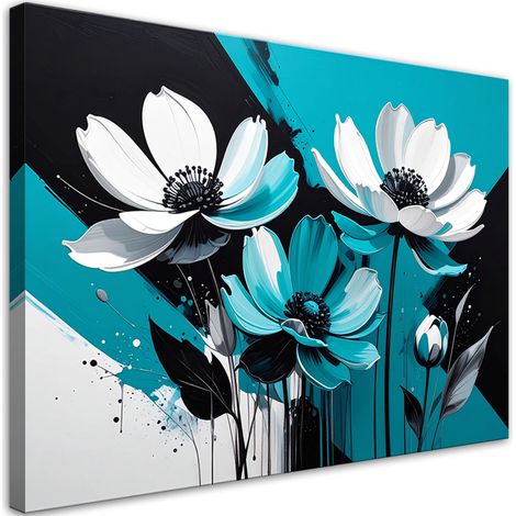 Quadro su tela, Fiori bianchi su sfondo turchese in stile moderno. - 45x30 (1/2)