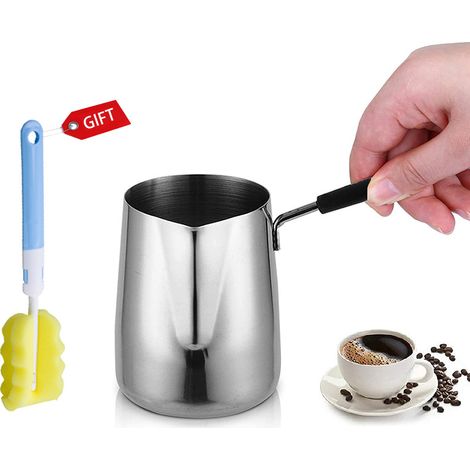 Argent 350mlMousseur à lait à bec pointu, pichet à latte art, mini tasse à café au beurre graduée, tasse à fondre la cire, pot à lait en acier inoxydable, cafetière italienne (1/5)