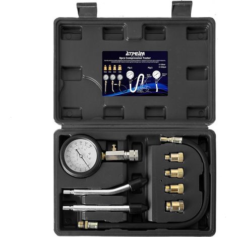 Compressiometre Essence, Testeur de Compression Cylindre 0-300 PSI, Manomètre de Pression Moteur avec 4 Adaptateurs pour Voiture et Moto M10 M12 M14 M18 (1/5)