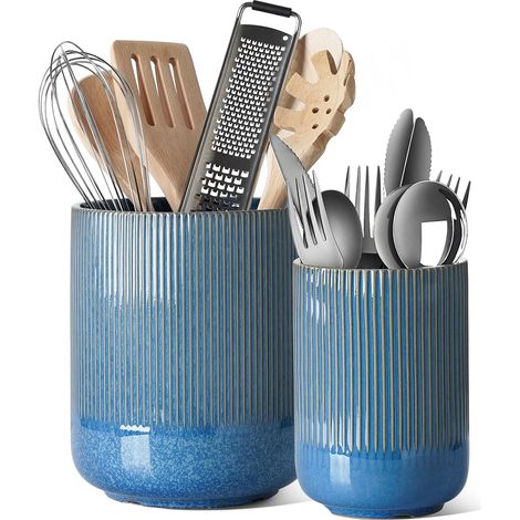 Porte-ustensiles, 18,5+14cm Céramique Pot à Ustensiles de Cuisine, Grand Organisateur de Plan de Travail pour Spatules, Lot de 2, Bleu Réactif Émaillé (1/5)