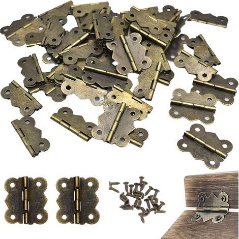 Lot de 50 charnières papillon en bronze antique avec vis - 27 x 30 mm - Style vintage - Pour boîtes de rangement, coffres, projets de bricolage, modélisme (bronze vieilli) (1/5)