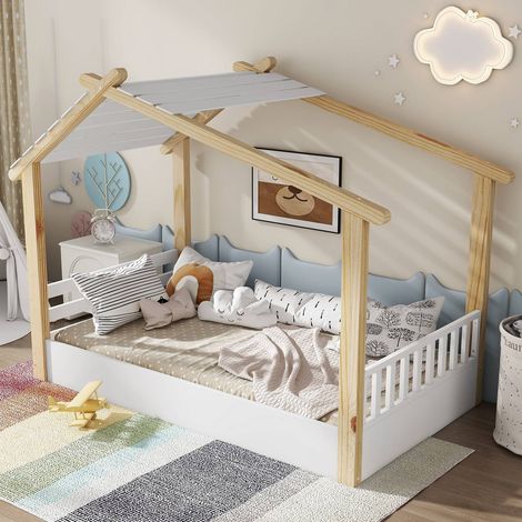 Lit cabane 90x200 cm en bois blanc et naturel, design maison et sommier solide (1/5)