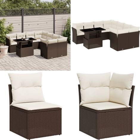 Salon de jardin avec coussins 9 pcs marron résine tressée - Ensemble Salon De Jardin - Meuble Extérieur - Table Extensible - Chaise Pliante - Canapé D'extérieur - Home & Living