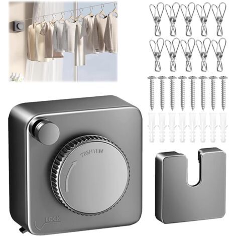 Étendoirs Rétractables – Corde à Linge de 4,2M en Acier Inoxydable, Anti-affaissement, Intérieur & Extérieur, pour Balcon et Salle de Bain, Livré avec 10 Clips Coupe-Vent (Noir) (1/5)