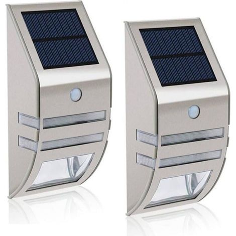 Lot de 2 appliques murales solaires LED : inox étanche, capteur mouvement 90° grand angle, jardin/terrasse/chemin, extérieur (1/4)