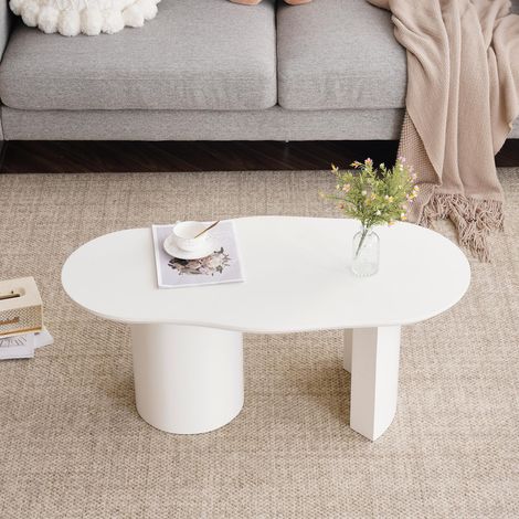 Couchtisch Wohnzimmertisch - 100 x 50 x 41 cm - unregelmäßige geschwungene Tischplatte lackiert, moderner Stil, MDF, weiß (1/5)