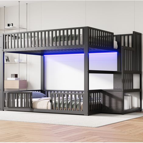 Letto a castello 140x200 cm con LED e scala portaoggetti, in metallo, nero, senza materasso (1/5)