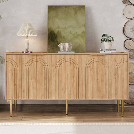 Buffet bas 140 x 38 x 75 cm, 4 portes avec motifs arches et étagères réglables, pieds en métal doré, MDF, salon, naturel (1/5)
