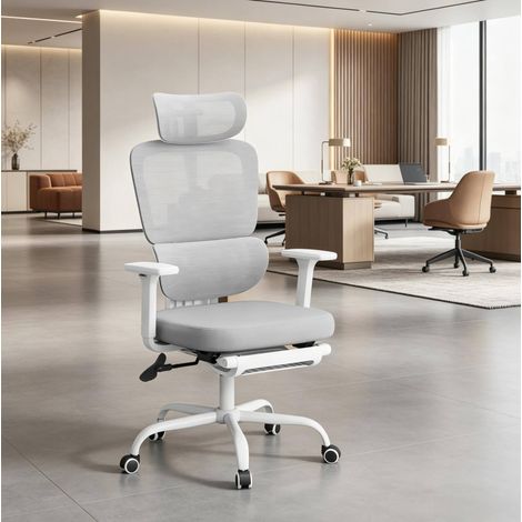 REDOM Silla de oficina ergonómica, reposapiés plegable, reposabrazos 3D y reposacabezas 3D, malla metal PU gris (1/5)