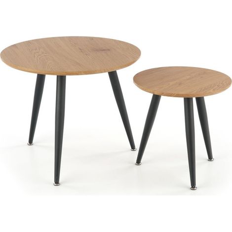 Ensemble de deux tables gigognes rondes aspect chêne doré avec pieds en métal noir SIRONA (1/4)