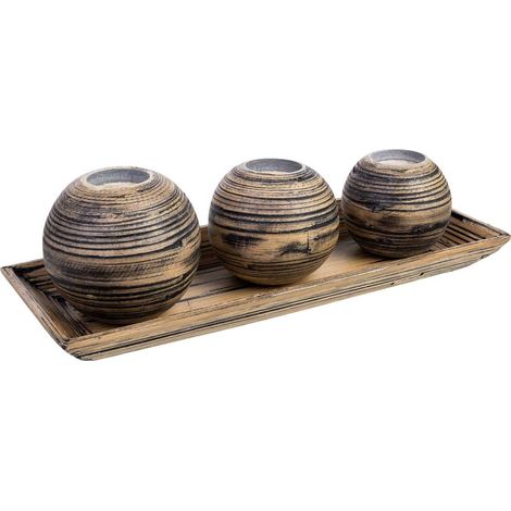 Juego bandeja y 3 portavelas de madera de bambú marrón 33x13x3h cm (1/5)