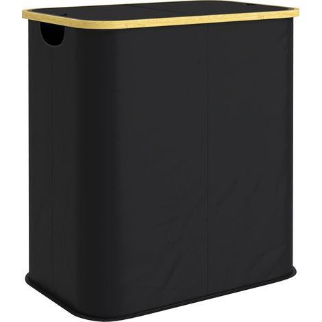 Panier à linge double pliable 80 L, corbeille sale avec couvercle, poignées rainurées, noir (1/5)