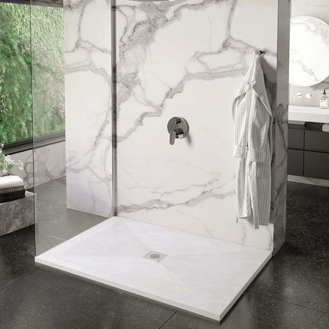 Receveur de douche 90x120 cm extra plat DEXA en résine surface ardoisée blanc Grille inox (1/5)