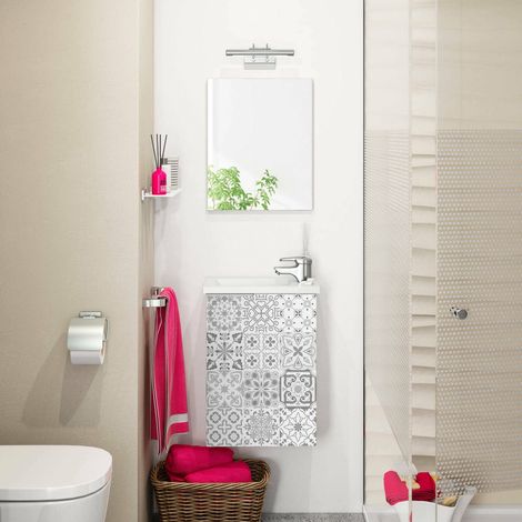 Dmora - Armario bajo encimera Dlott, Mueble de baño suspendido, Armario con 1 puerta con espejo y lavabo, 40x22h58 cm, Blanco brillo y Cemento (1/5)