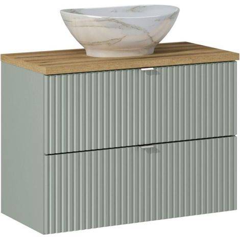 Insieme ELVINA 80cm: mobile sottolavabo con cassetti verde + piano per lavabo in aspetto legno scuro + lavabo da appoggio marmorizzato