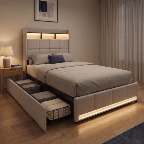 Lit 90x200 cm avec 2 tiroirs et LED, lit simple capitonné en lin, tête de lit avec rangement, Beige