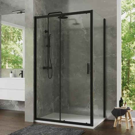 Cabine de douche 70 x 105 cm à portes coulissantes profilés noirs mats verre trempé transparent de 6 mm résistant au calcaire h 198 Tahiti (1/4)