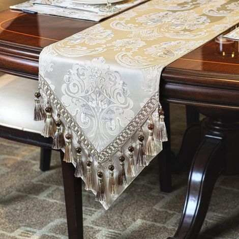 Tischläufer mit Quasten 33x228cm Leichtes Apricot Jacquard für Esstisch & Party