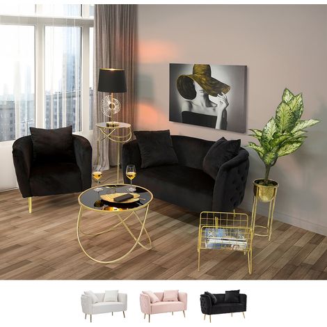 Sofá glam de 2 plazas en terciopelo con patas doradas y dos cojines Bucarest-D - Negro (1/5)