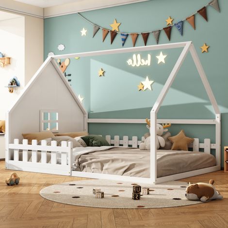 lit chambre enfant cabane 140x200 bois blanc sécurisé OKMYHOME (1/5)