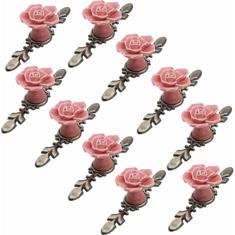 Juego de 10 pomos de cerámica para muebles, 41 mm de diámetro, diseño de rosa, con placa de bronce, rosa, 118 mm de longitud. (1/5)