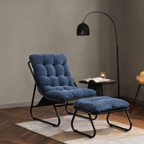 Fauteuil de jardin inclinable avec pouf coussin bleu marine (1/5)