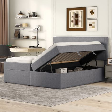 Cama doble 140x200 cm gris en lino con somier metálico y arcón elevable (1/5)