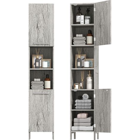 Colonne de salle de bain en MDF avec 2 placards et 2 étagères ouvertes, 30 x 32 x 172,5 cm, couleur bois (1/5)