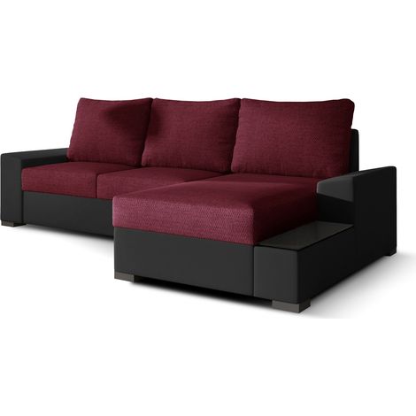 Canapé angle droit convertible tissu bordeaux et simili noir James 245cm (1/5)