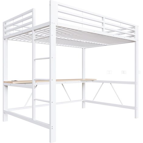 Lit mezzanine gaming 140x200 en métal blanc avec LED, port USB et bureau (1/5)