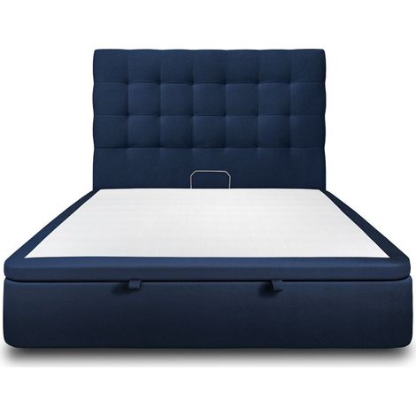 Lit coffre 140x190cm avec tête de lit capitonnée Velours Bleu - Hauteur totale : 39cm (1/5)