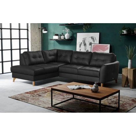Canapé d'angle convertible en cuir italien de luxe 5 places NORIA avec coffre, noir, angle gauche (1/5)