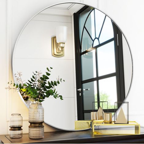 Koonmi Miroir Mural Rond - 50 cm - À suspendre ou à fixer au mur - Salle de bain - Chambre - Salon - Entrée - Argent