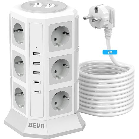 12 Prises Tour Multiprise Parafoudre avec Câble 2M,Blanche 2500W/10A Multiprise Electrique avec 2 Interrupteur et 2 USB-C (15W)+3 USB-A,Multiprise Parafoudre et Surtension (1/5)