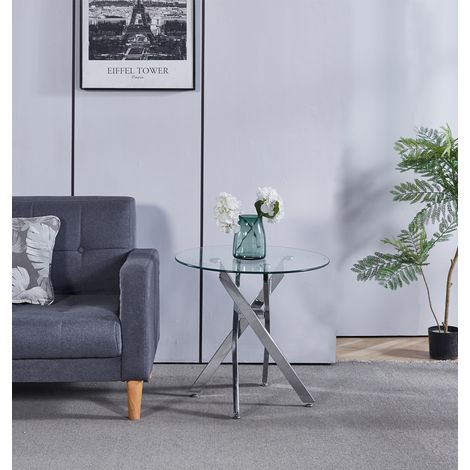 Hallowood Furniture Cullompton Small Round Side Table with 4 Crossed Chrome Legs, 60cm Glass Top Round Coffee Table, Modern Small Tables for Living Room, Bedroom, Hallway or Office (1/5)