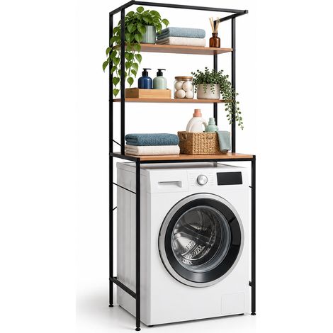 Relaxdays Waschmaschinenregal, 3 Fächer, Regal über Waschmaschine, Trockner, Toilette, HBT 161x66x40 cm, natur/schwarz (1/5)