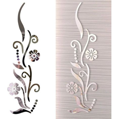 Papier peint autocollant fleur miroir 3D – 88 x 25 cm – Acrylique argenté – Décoration murale amovible (1/3)