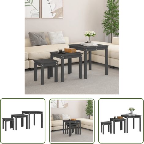 The Living Store Satztische 3 Stk. Grau Massivholz Kiefer - Holztisch - Kiefernholztisch - Couchtisch - Beistelltisch - Satztisch (1/5)