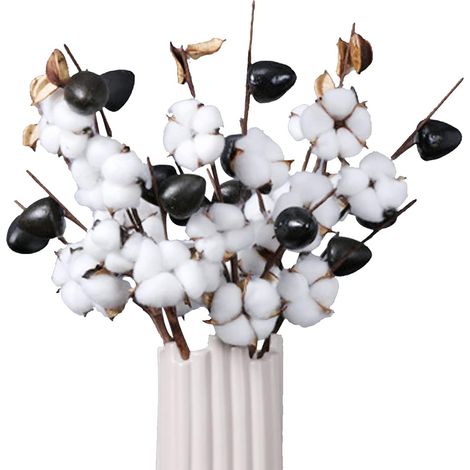 Fleurs de Coton Séchées 3Pcs Branche Coton Artificielle 5 Têtes Coton Bouquet de Fleurs Sechees Naturelle Fausses Tige de Coton Branche Decorative pour Vase Cadeau Mariage Noce de Coton Table
