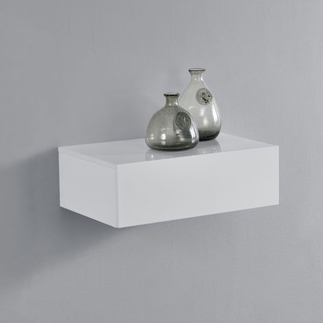 Mesita de noche de pared Oslo con cajón - Blanco lacado de alto brillo - 46x30x15cm [en.casa] (1/5)