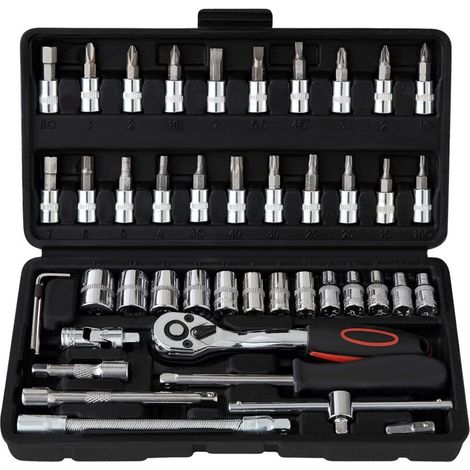 46 pcs Cr-V Kit de Cle plate a cliquet et Clé à douille,Clé à Cliquet 1/4" 72 dents,Clé plate à cliquet avec Boite a outils
